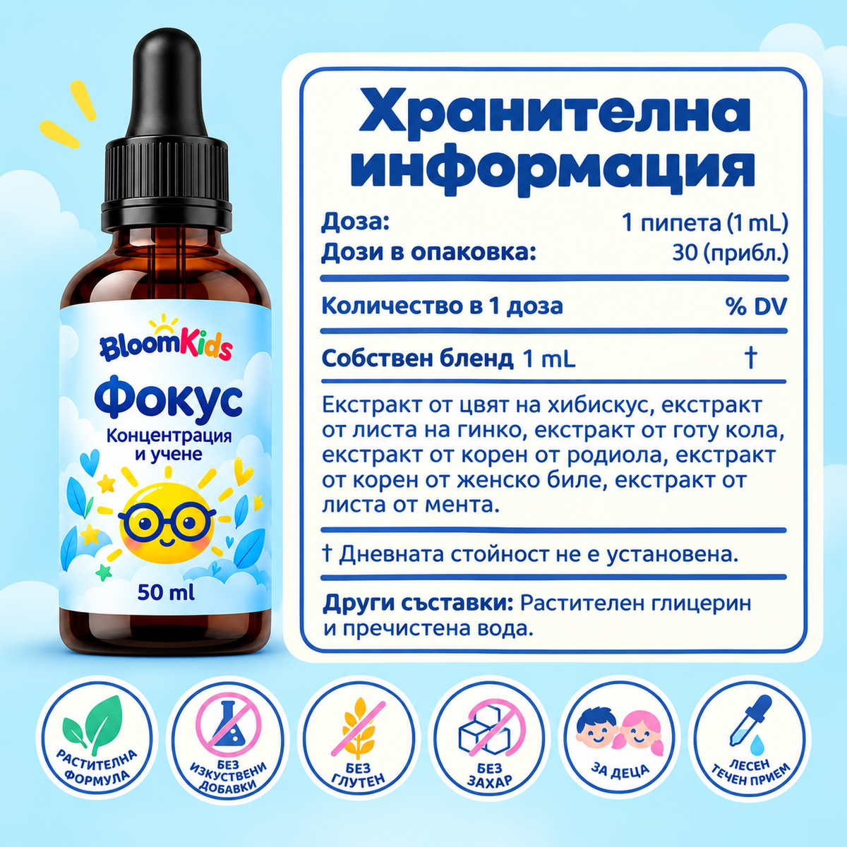 BloomKids Focus – Детски капки за концентрация и внимание