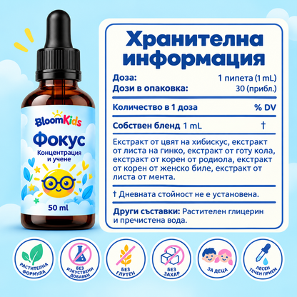 BloomKids Focus – Детски капки за концентрация и внимание