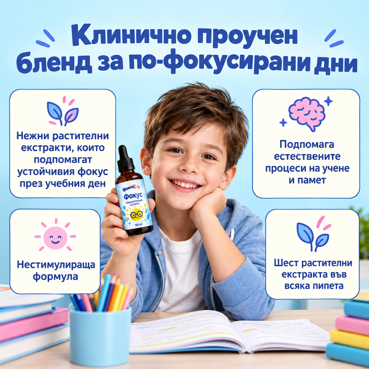 BloomKids Focus – Детски капки за концентрация и внимание